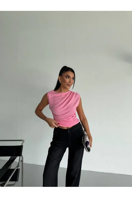 Kadın Pembe Büzgülü Kolsuz Sandy Bluz HZL26W-FRY122751