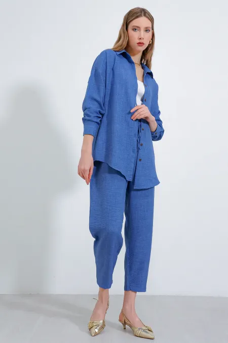 Ensemble haut et bas oversize en lin indigo pour femme 6622