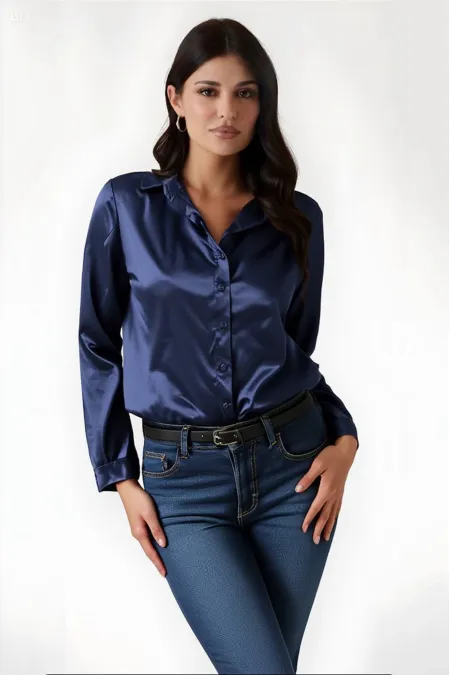 Kadın Lacivert Hafif Dökümlü Saten Yüzeyli Gömlek HZL22W-BD139641