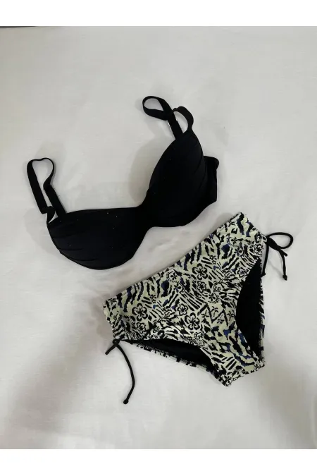 Women's Black Stone Embroidered Beige Patterned Lined Plus Size Bikini Set HZL25S-LC3351