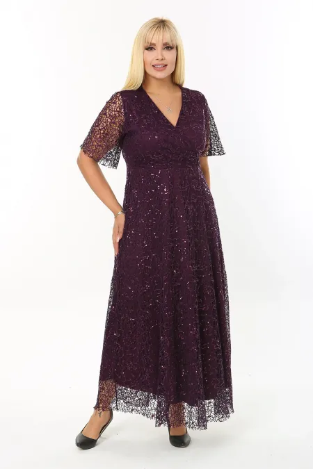 Kadın Mor Büyük Beden Kruvaze Yaka Payetli Abiye Elbise HZL26S-PR11171