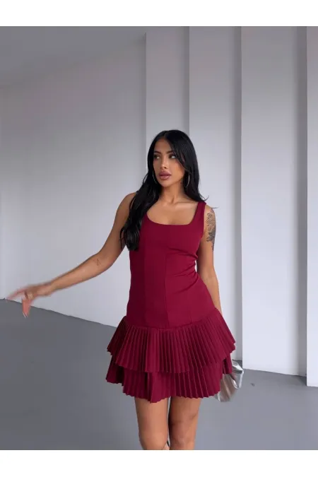 Kadın Bordo Pileli Şortlu Mini Elbise HZL25S-FRY122991