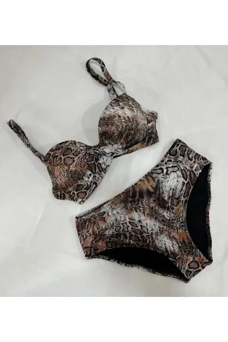 Women's Brown Leopard Patterned Lined Plus Size Bikini Set HZL25S-LC25006