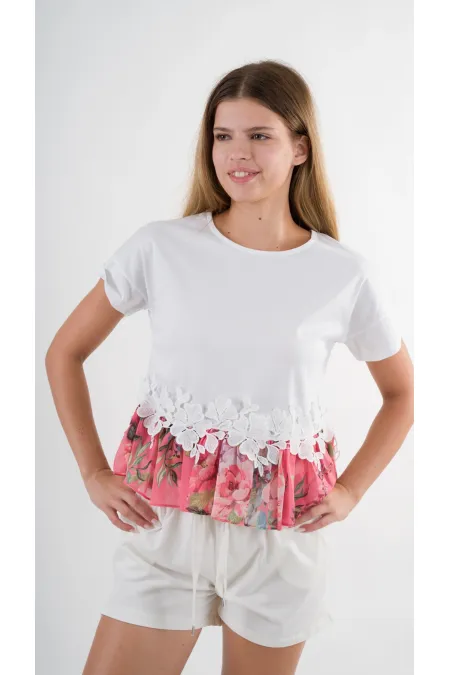 Kadın Beyaz Dantel Çiçek Desenli Bisiklet Yaka Bluz HZL24S-YY256