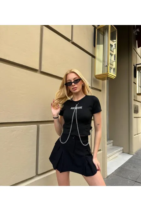 Kadın Siyah ROCKMORE Baskılı Zincir Aksesuarlı Crop T-Şihrt HZL24S-DSB120281