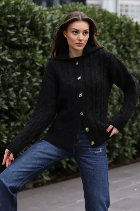 15856 Saç Örgülü Hırka - Siyah