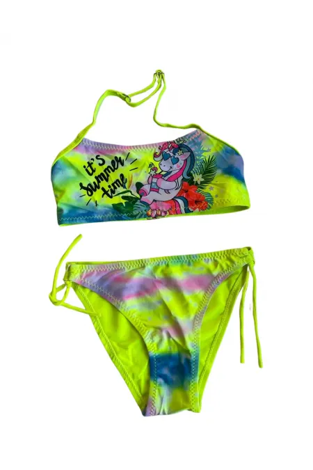 Ensemble bikini sans bretelles jaune fluo à motifs pour fille de 2 à 8 ans HZL24S-LC3652