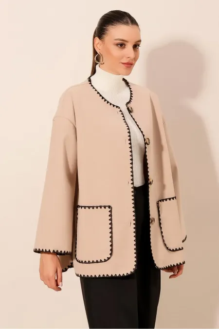 Veste en cachemire brodée Boyfriend 0690 - Beige