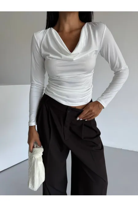 Kadın Beyaz Degaje Yaka Yandan Büzgülü Uzun Kol Sandy Bluz HZL24W-FRY122481