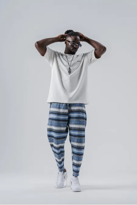 Pantalon de survêtement bleu à motifs ethniques pour homme, coupe droite, avec poches et lien à la taille, HZL24S-MXC8948-195