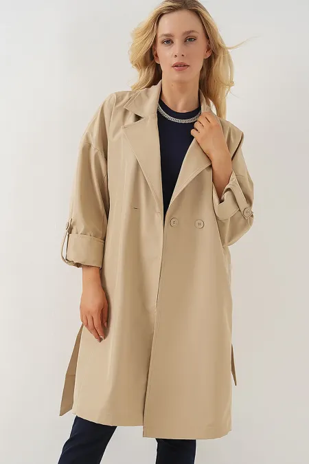 9104 Double-Breasted Lined Trench Coat - Beige