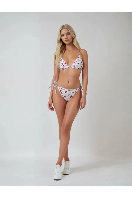 Ensemble bikini triangle dos nu à motif cerise blanche pour femme HZL25S-LC5005