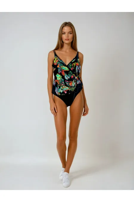 Kadın Siyah Tüy Desen V Yaka Yandan İp Büzgülü Mayo HZL25S-LC4007