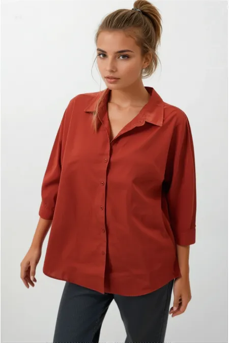 Kadın Kiremit Oversize Uzun Basic Gömlek HZL22W-BD139001