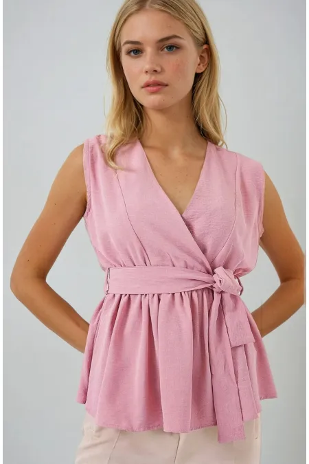 Kadın Pudra Kruvaze Yaka Beli Lastikli Kuşaklı Bluz HZL25S-BD19661