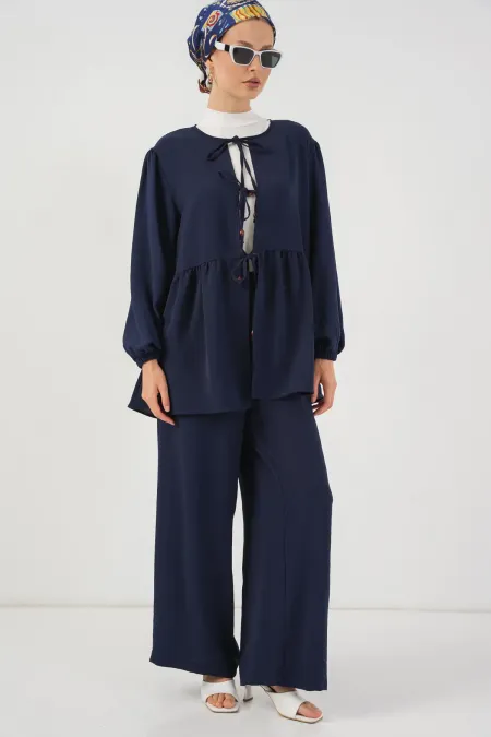 Ensemble deux pièces tunique et pantalon à lacets pour femme 6744 - Bleu marine