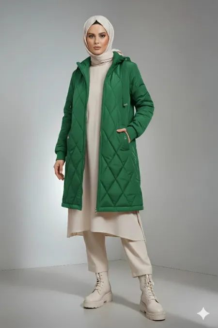 Manteau hijab long matelassé vert émeraude pour femme HZL25W-BD151381