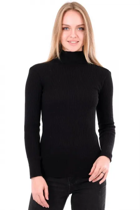 Pull côtelé noir à col roulé pour femme HZL22W-H100011