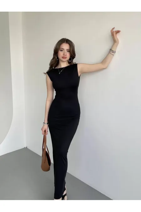 Kadın Siyah Sırt Dekolteli Yumuşak Dokulu Elbise HZL25S-ZK13321