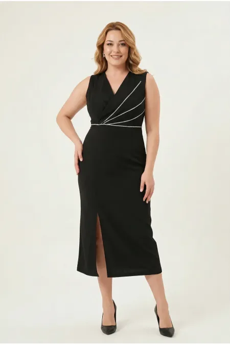 Kadın Siyah Büyük Beden Gümüş Taş İşlemeli Yırtmaç Detay Abiye Elbise HZL26W-PR10051