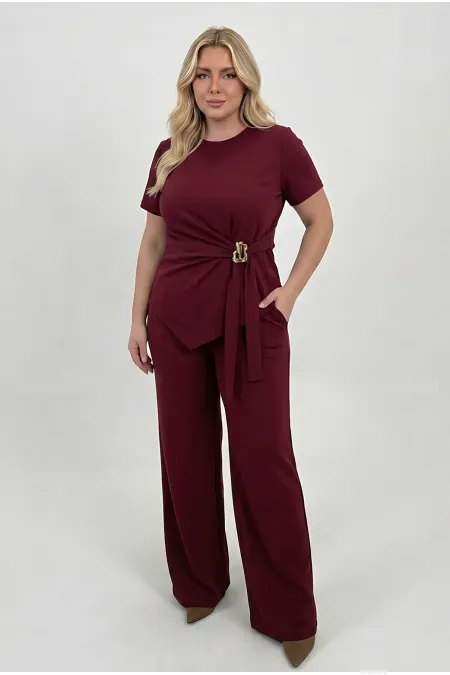 Kadın Bordo Büyük Beden Modal Kumaş Gold Toka Detaylı Alt Üst Takım HZL26S-ZSS111291