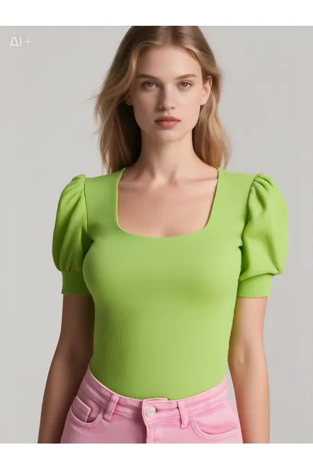 Kadın Fıstık Yeşili Kare Yaka Örme Bluz HZL22W-BD104091