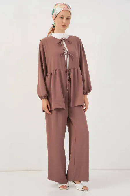 Ensemble deux pièces tunique et pantalon à lacets pour femme 6744 - Rose D.
