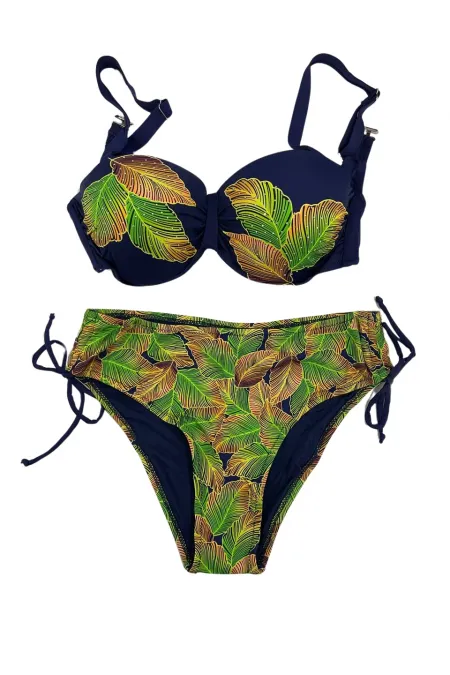 Women's Navy Blue Leaf Patterned Stone Embroidered Lined Bikini Set HZL25S-LC3305