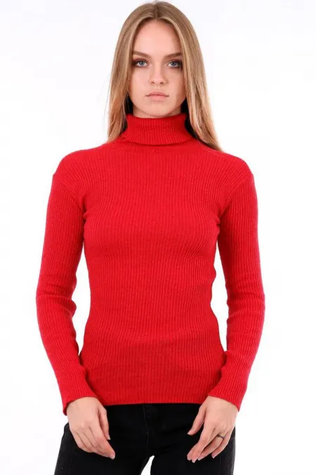 Women's Red Turtleneck Ribbed Sweater HZL22W-H100011