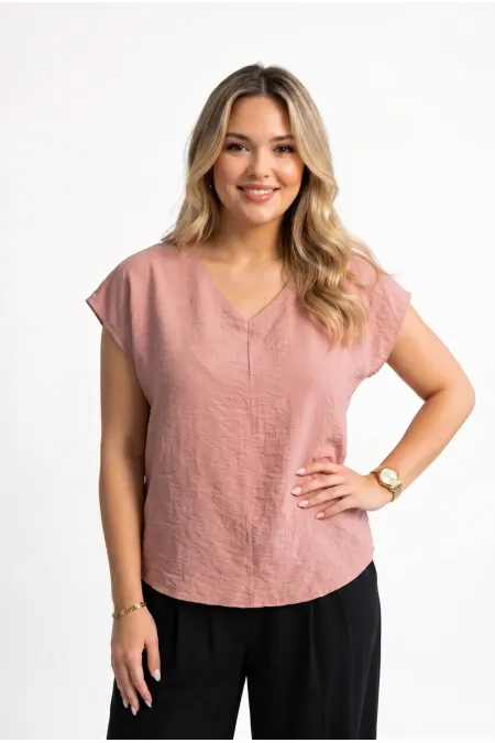 Women's Rose Pink Plus Size Strawberry Fabric V-Neck Blouse HZL26S-ZSS110071 Women's Rose Pink Plus Size Strawberry Fabric V-Neck Blouse HZL26S-ZSS110071
