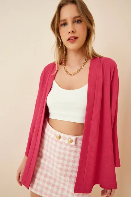 Veste texturée rose à col rabattu et ouverture sur le devant pour femme HZL22S-BD158621