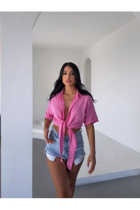 Kadın Pembe Bağlama Detaylı Müslin Keten Bluz HZL25S-DSB1212