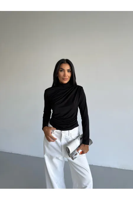 Kadın Siyah Uzun Kollu Drape Detaylı Boğazlı Sandy Bluz HZL25W-FRY123301