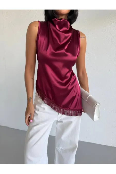 Women's Burgundy Halter Neck Asymmetrical Cut Fringe Detail Satin Blouse HZL26S-FRY123911 Women's Burgundy Halter Neck Asymmetrical Cut Fringe Detail Satin Blouse HZL26S-FRY123911