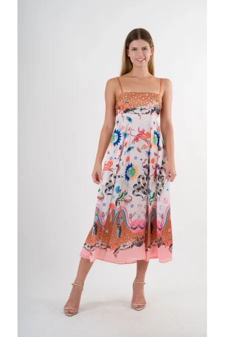 Kadın Çok Renkli İp Askılı Astarsız Uzun Elbise HZL24S-YY276