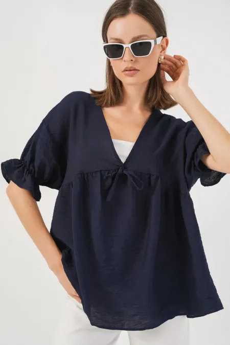 Kadın Önü Bağcıklı Kısa Kol Bluz 962 - Lacivert