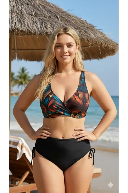 Ensemble bikini grande taille doublé à motif floral noir pour femme HZL26S-LC21202