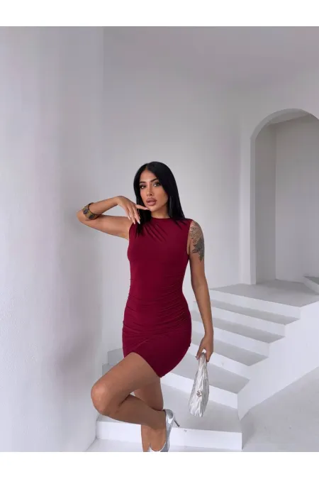 Kadın Bordo Beli Drapeli Sandy Kumaş Mini Elbise HZL25S-FRY122981