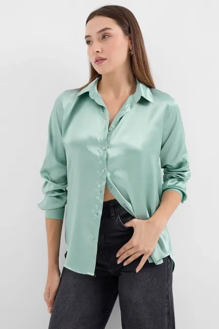 3964 Hafif Dökümlü Saten Gömlek - Çağla