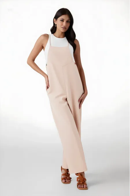 Kadın Krem Ayarlanabilir Askılı Cepli Bol Paça Bahçıvan Tulum HZL22S-BD170191