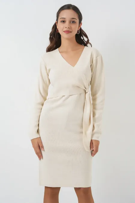 Robe en maille à col cache-cœur pour femme 15928 - Écru