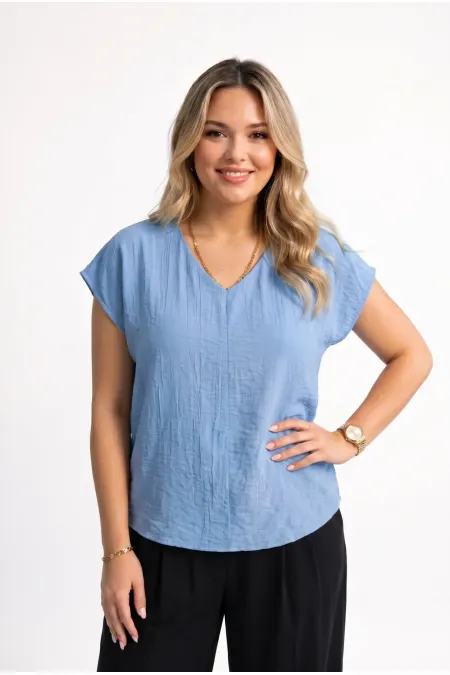 Women's Blue Plus Size Strawberry Fabric V-Neck Blouse HZL26S-ZSS110071 Women's Blue Plus Size Strawberry Fabric V-Neck Blouse HZL26S-ZSS110071