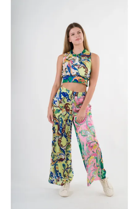 Kadın Yeşil Pembe Desenli Bluz Pantolon Takım HZL22S-YY298