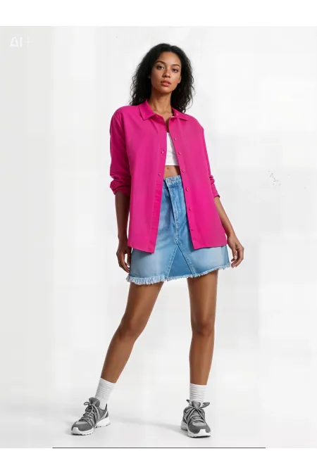 Kadın Koyu Pembe Oversize Uzun Basic Gömlek HZL22W-BD139001