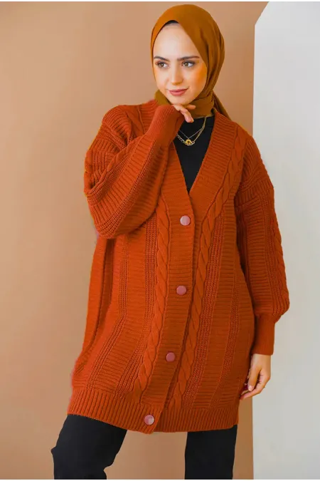 Women's Tan Braided Pattern Long Buttoned Relaxed Fit Knit Cardigan HZL23W-BD1100691