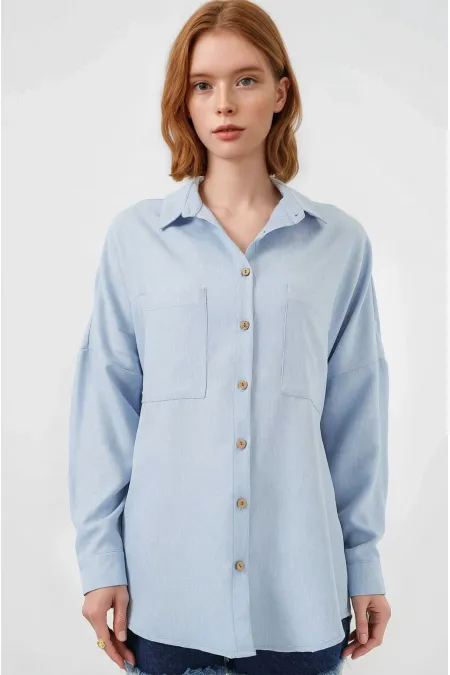 Kadın Buz Mavi Oversize Çift Cepli Keten Gömlek HZL22S-BD1201261