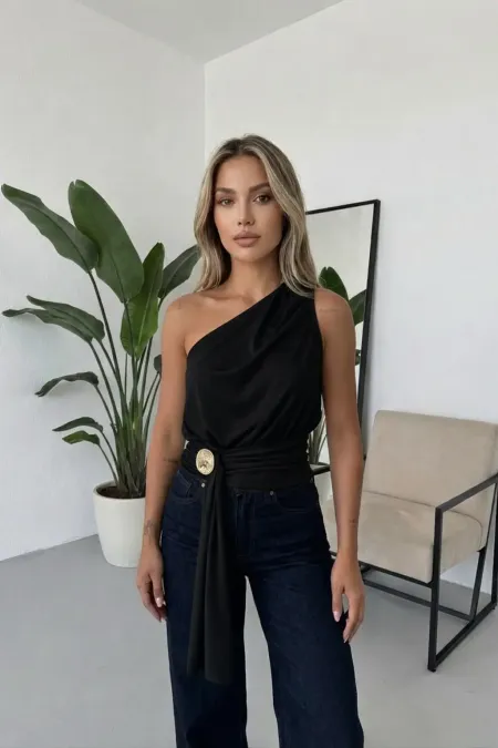 Women's Black Asymmetrical One-Shoulder Draped Blouse with Gold Accessory Details HZL26S-FRY123751