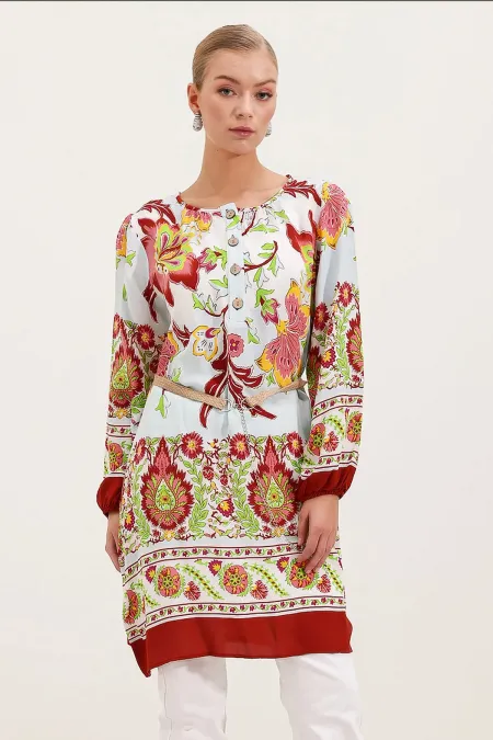 Robe à motifs ceinturée 5902 - Bordeaux