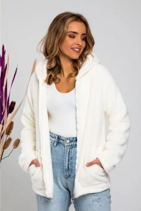 Kadın Ekru Welsoft esnek kumaş Peluş Yumoş Önü Fermuarlı Kapüşonlu Ceket HZL23W-DSB110081