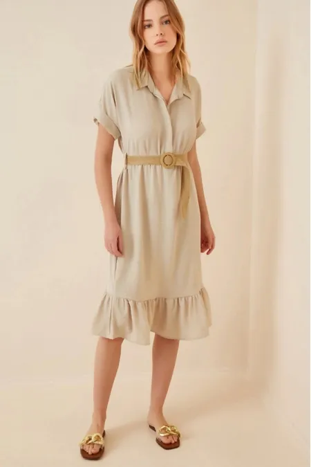 Kadın Vizon Gömlek Yaka Düğmeli  Hasır Kemerli Ayrobin Elbise HZL22S-BD122921